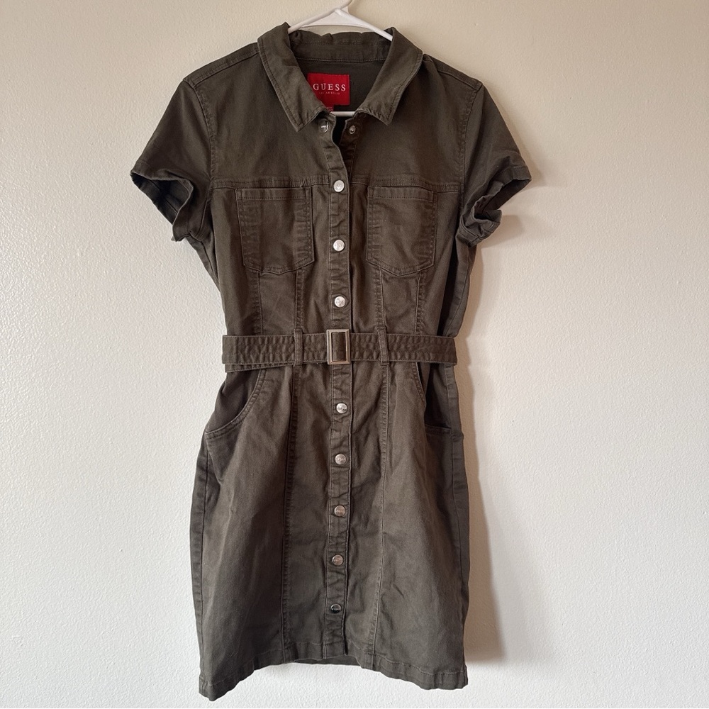 GUESS Army Green Utility Short Sleeve Button Up Collared Dress